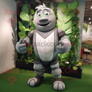 Gray Beanstalk mascot costume character dressed with a Rugby Shirt and Gloves