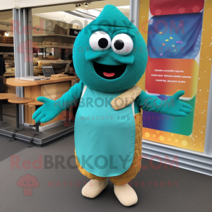 Teal Falafel mascot costume character dressed with a Romper and Mittens