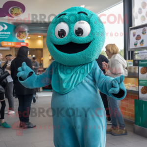 Teal Falafel mascot costume character dressed with a Romper and Mittens