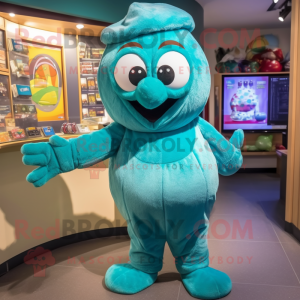 Teal Falafel mascot costume character dressed with a Romper and Mittens