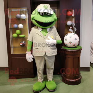 Olive Golf Ball mascot costume character dressed with a Jacket and Coin purses