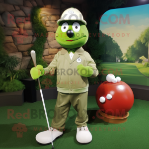 Olive Golf Ball mascot costume character dressed with a Jacket and Coin purses