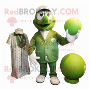 Olive Golf Ball mascot costume character dressed with a Jacket and Coin purses