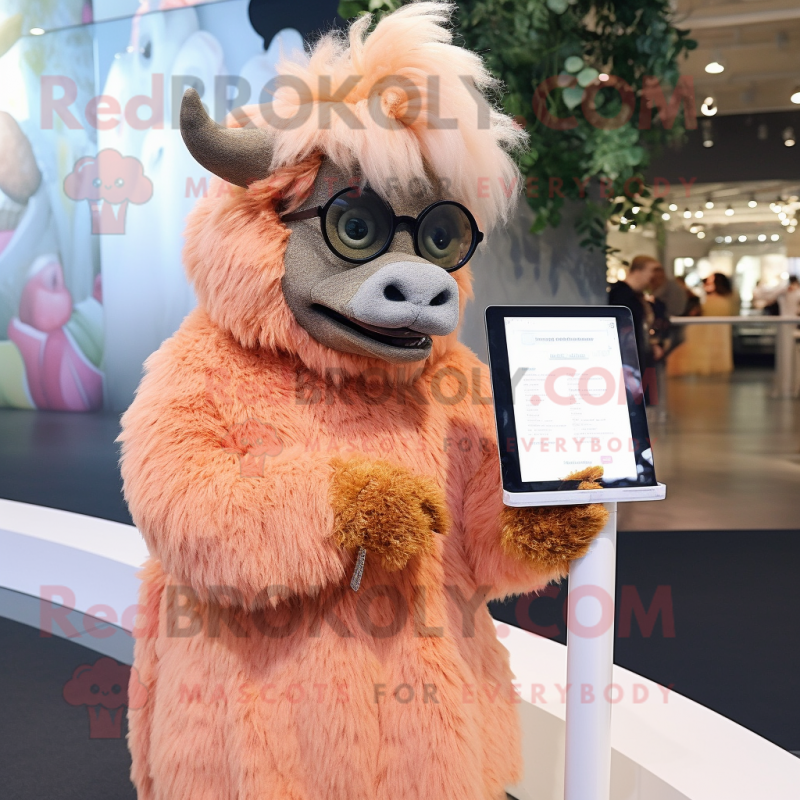 Peach Woolly Rhinoceros mascot costume character dressed with a Shift Dress and Reading glasses