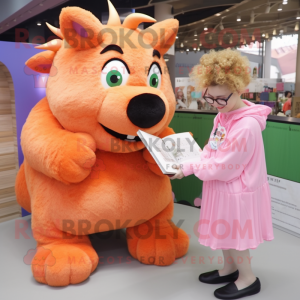 Peach Woolly Rhinoceros mascot costume character dressed with a Shift Dress and Reading glasses
