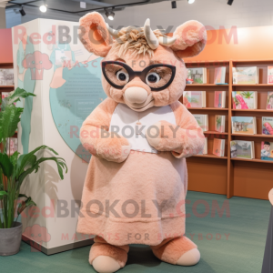 Peach Woolly Rhinoceros mascot costume character dressed with a Shift Dress and Reading glasses