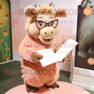 Peach Woolly Rhinoceros mascot costume character dressed with a Shift Dress and Reading glasses