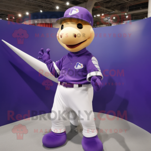 Purple Diplodocus mascot costume character dressed with a Baseball Tee and Hairpins