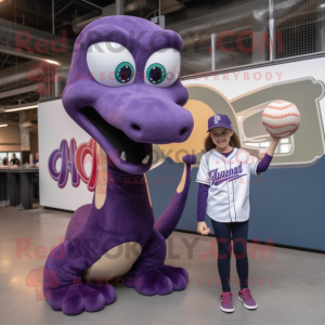 Purple Diplodocus mascot costume character dressed with a Baseball Tee and Hairpins