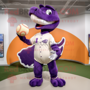 Purple Diplodocus mascot costume character dressed with a Baseball Tee and Hairpins