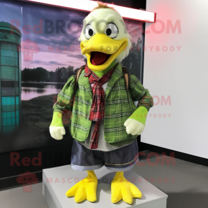 Lime Green Muscovy Duck mascot costume character dressed with a Flannel Shirt and Scarf clips