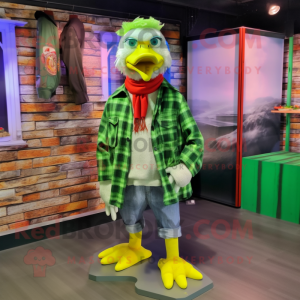 Lime Green Muscovy Duck mascot costume character dressed with a Flannel Shirt and Scarf clips