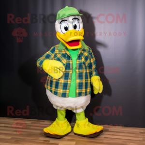 Lime Green Muscovy Duck mascot costume character dressed with a Flannel Shirt and Scarf clips