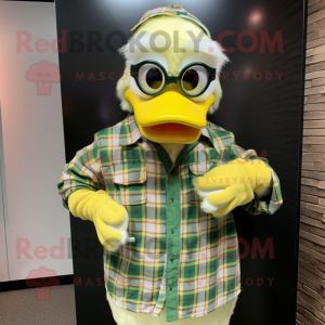 Lime Green Muscovy Duck mascot costume character dressed with a Flannel Shirt and Scarf clips