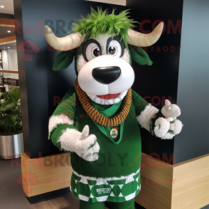 Forest Green Zebu mascot costume character dressed with a Sweater and Headbands