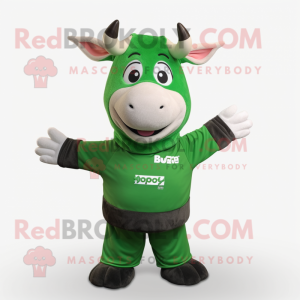 Forest Green Zebu mascot costume character dressed with a Sweater and Headbands