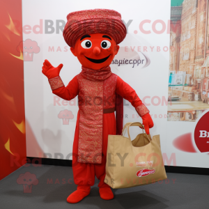 Red Biryani mascot costume character dressed with a Capri Pants and Tote bags