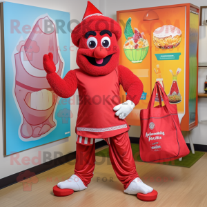 Red Biryani mascot costume character dressed with a Capri Pants and Tote bags