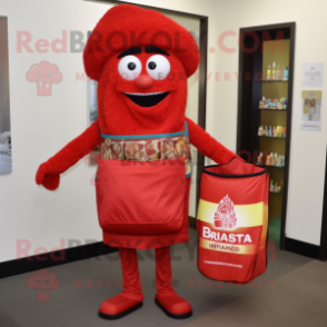 Red Biryani mascot costume character dressed with a Capri Pants and Tote bags