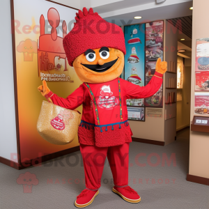 Red Biryani mascot costume character dressed with a Capri Pants and Tote bags