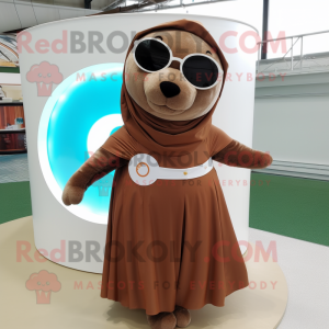 Brown Seal mascot costume character dressed with a Circle Skirt and Sunglasses