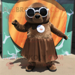 Brown Seal mascot costume character dressed with a Circle Skirt and Sunglasses