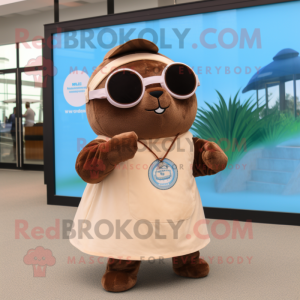 Brown Seal mascot costume character dressed with a Circle Skirt and Sunglasses