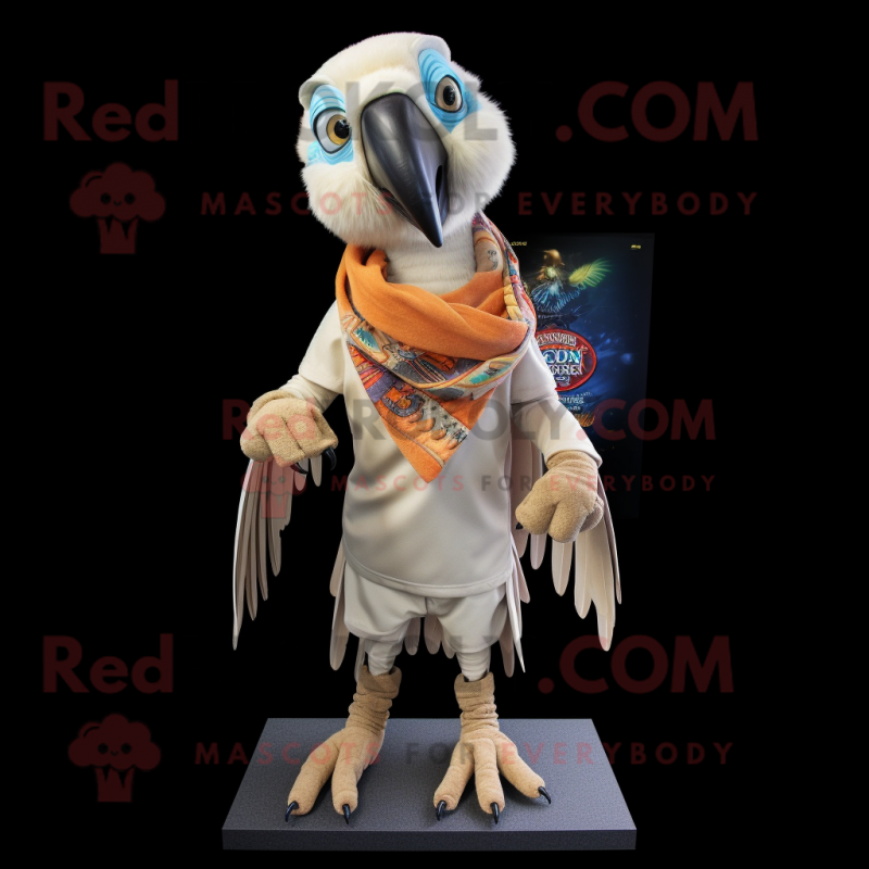 Beige Parrot mascot costume character dressed with a Skinny Jeans and Scarf clips Beige Parrot mascot costume character dressed with a Skinny Jeans and Scarf clips
