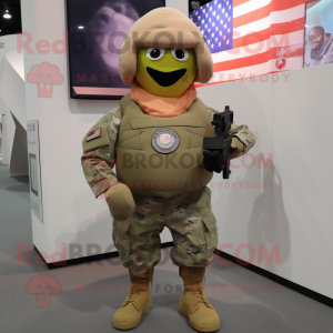 Peach American Soldier mascot costume character dressed with a Mini Dress and Messenger bags