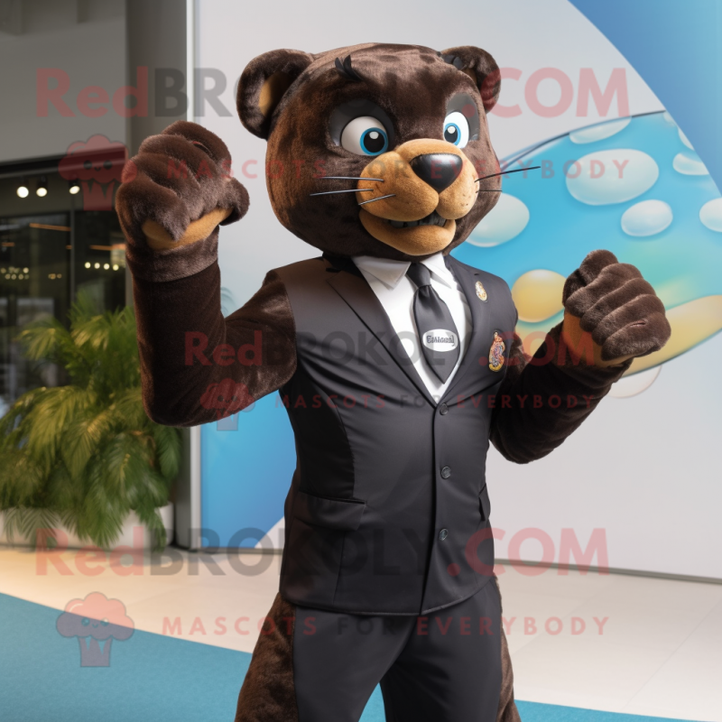 Brown Panther mascot costume character dressed with a Suit and Rings