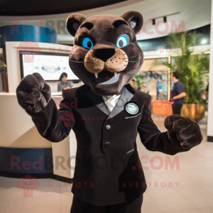 Brown Panther mascot costume character dressed with a Suit and Rings