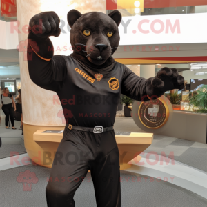 Brown Panther mascot costume character dressed with a Suit and Rings