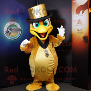Gold Peacock mascot costume character dressed with a T-Shirt and Hats