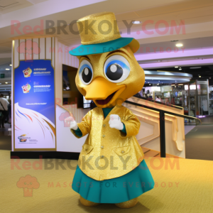 Gold Peacock mascot costume character dressed with a T-Shirt and Hats