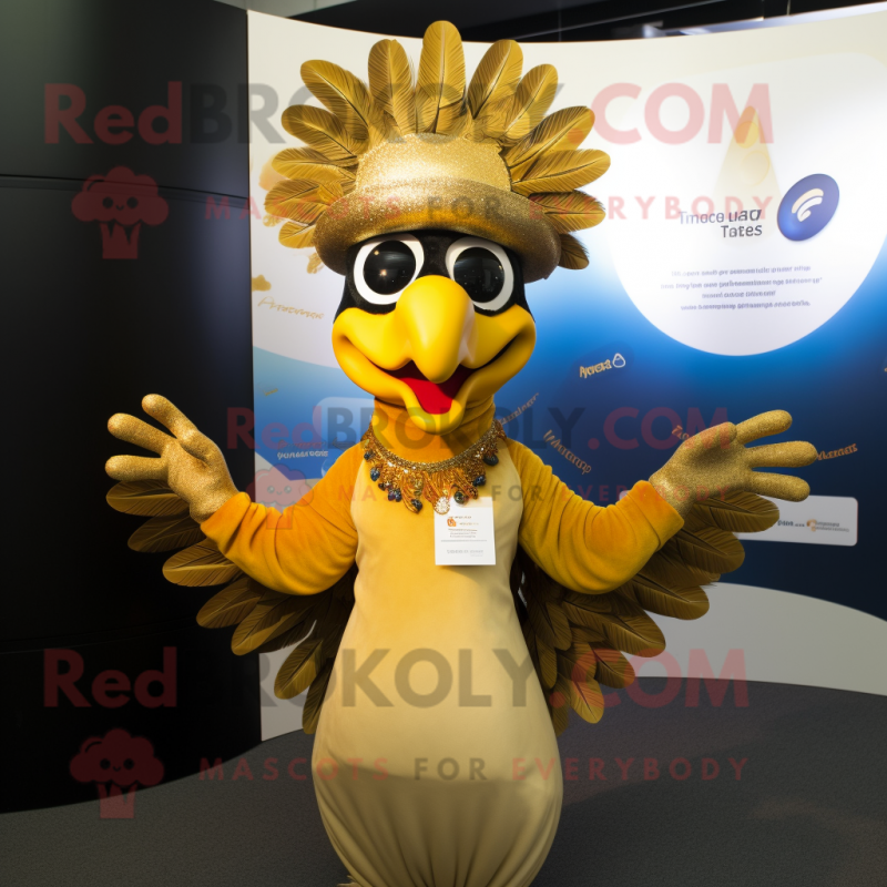 Gold Peacock mascot costume character dressed with a T-Shirt and Hats