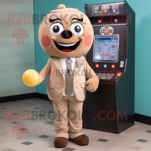 Tan Gumball Machine mascot costume character dressed with a Suit and Wallets