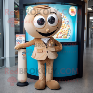 Tan Gumball Machine mascot costume character dressed with a Suit and Wallets