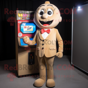 Tan Gumball Machine mascot costume character dressed with a Suit and Wallets