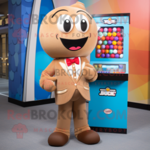 Tan Gumball Machine mascot costume character dressed with a Suit and Wallets