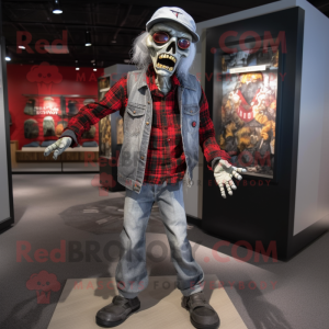 Silver Undead mascot costume character dressed with a Flannel Shirt and Hat pins