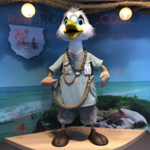 Gray Gosling mascot costume character dressed with a Board Shorts and Necklaces