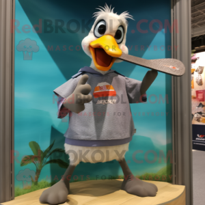 Gray Gosling mascot costume character dressed with a Board Shorts and Necklaces