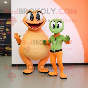 Peach Anaconda mascot costume character dressed with a T-Shirt and Smartwatches