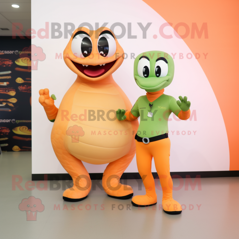 Peach Anaconda mascot costume character dressed with a T-Shirt and Smartwatches Peach Anaconda mascot costume character dressed with a T-Shirt and Smartwatches