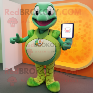 Peach Anaconda mascot costume character dressed with a T-Shirt and Smartwatches