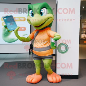 Peach Anaconda mascot costume character dressed with a T-Shirt and Smartwatches