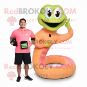 Peach Anaconda mascot costume character dressed with a T-Shirt and Smartwatches