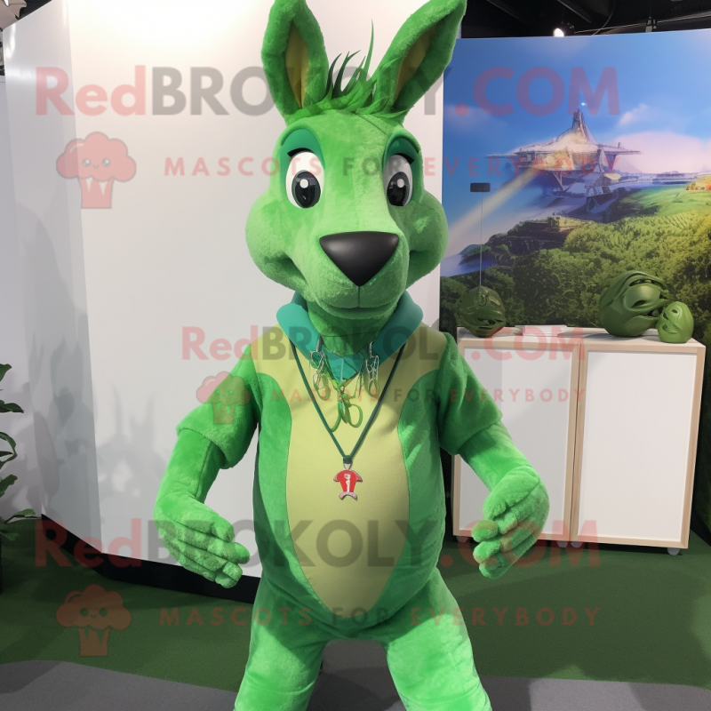 Green Kangaroo mascot costume character dressed with a Playsuit and Necklaces Green Kangaroo mascot costume character dressed with a Playsuit and Necklaces