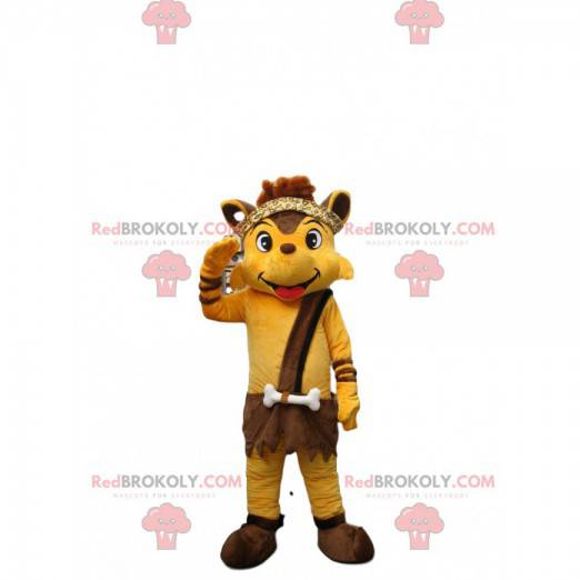 Yellow fox mascot dressed in Cro-Magnon outfit - Redbrokoly.com