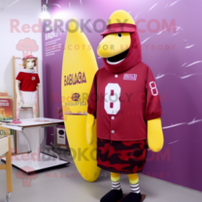 Maroon Banana mascot costume character dressed with a Swimwear and Berets